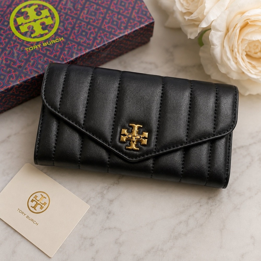 Tory Burch Kira Quilted Flap Wallet Black Leather Gold Hardware Long Wallet